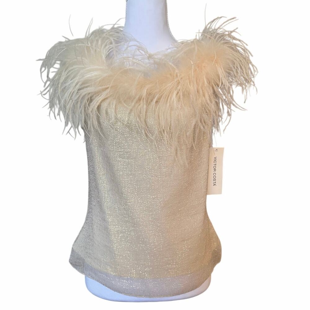 NWT Victor Costa Silk Metallic Gold Lamé Top Feather Trim Blouse Medium Glam